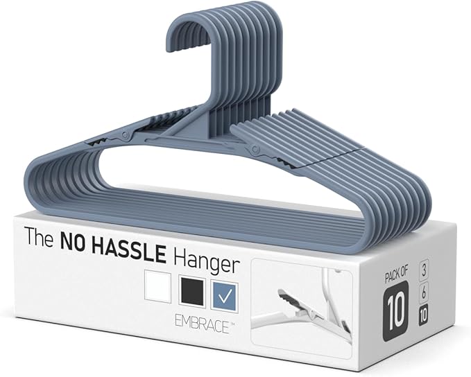No Hassle-Hangers Best Clothes Hanger Ultra Soft Rubberized Grip Clip Keeps Garments in Place and Off The Floor. Perfect for Wide Neck Silks & Satin Tops, delicates, Athletic wear. (10, Slate Blue)