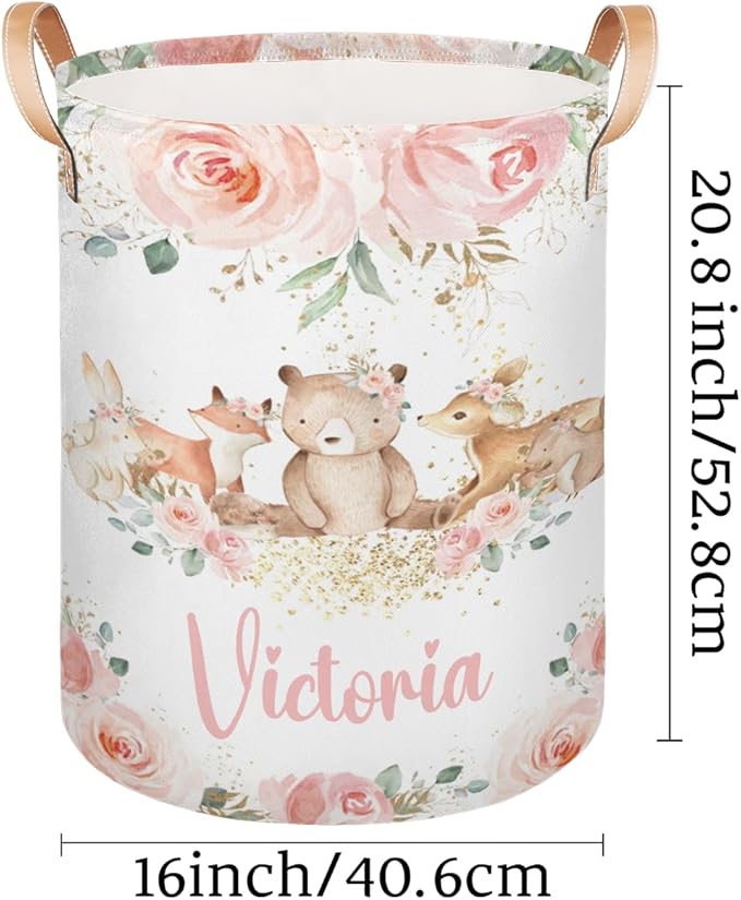 Personalized Laundry Basket, Custom Gift Laundry Hamper, Collapsible Nursery Waterproof Laundry Baskets, Dirty Clothes Toy Hamper with Handles Pink Floral Bear Fox