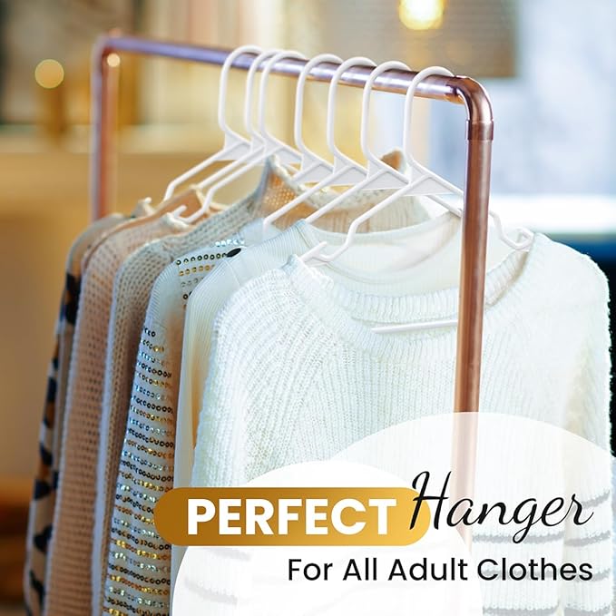 100 Pack Adult Plastic Hanger for Shirt Pants Coats Dresses Skirts Suits Jackets - Standard Thick Coat Hanger - Sturdy & Durable Design with Shoulder Grooves Hook - White
