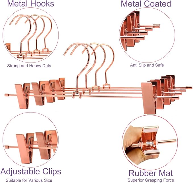 13.7" Rose Gold Copper Pants Hangers with Clips of Strong Non-Slip Skirt Hangers, Space Saving Hangers -Adjustable Clips for Slacks, Jeans, Clothes,Pants -10 Pack