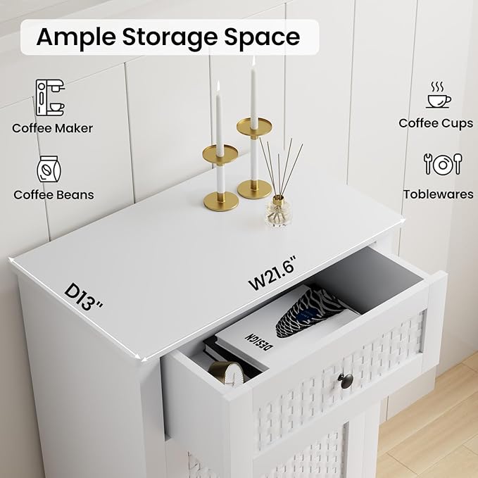 Tilt Out Laundry Hamper Cabinet, Rattan-Style Laundry Room Organization with Removable Laundry Basket, Hidden Wood Dirty Clothes Hamper with Drawer, 21.6" L x 13" W x 35.8" H, White