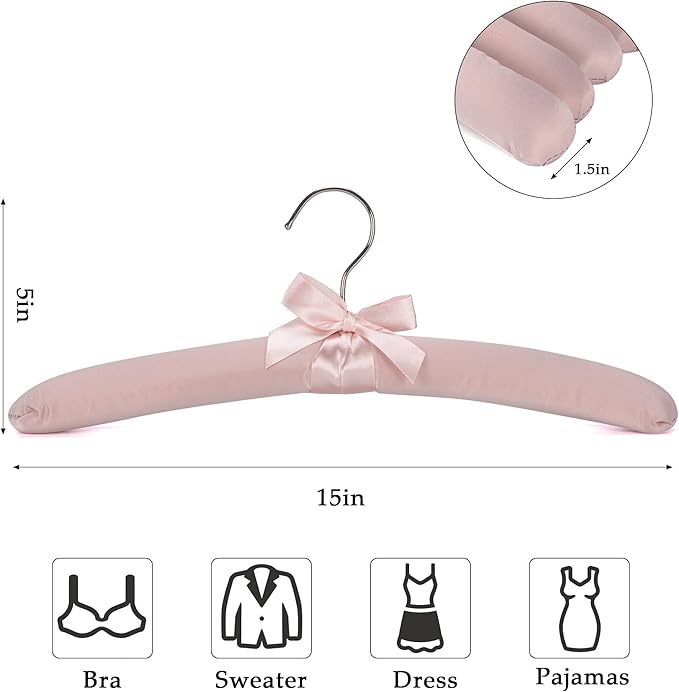 NEOVIVA 15 Inch Anti Slip Satin Padded Clothes Hangers for Women Pink Satin Padded Hangers for Women Clothing, No Shoulder Bump for Adult, Silk Hangers for Sweaters, Dresses, Suits (Pack of 5)