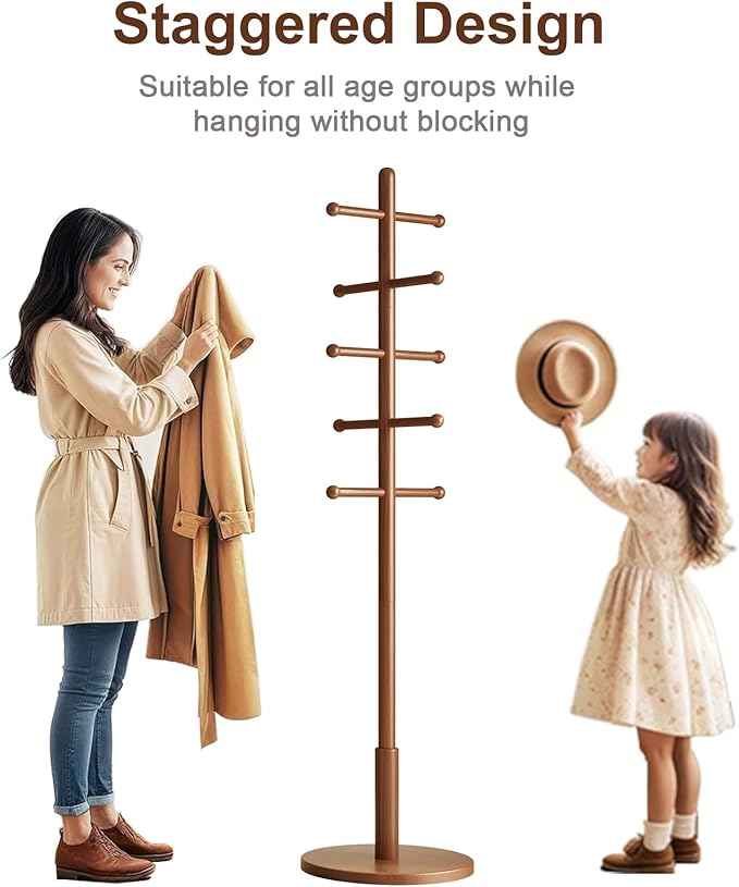 Solid Wood Coat Rack Freestanding with 10 Hooks, Coat tree freestanding 3 Adjustable Heights for coat, Hats, Handbags, Coat Stand for Entryway,Bedroom,office, Walnut