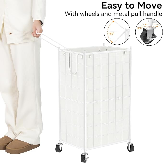 WOWLIVE Laundry Hamper with Wheels,Metal Wire Frame Rolling Laundry Basket with Removable bag,100L Dirty Clothes Hamper Organizer Dorm Room Storage for Bedroom,Bathroom,White