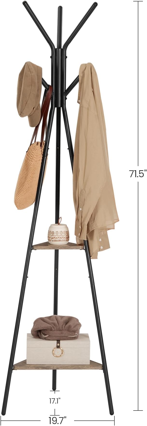VASAGLE Coat Rack Freestanding, Coat Hanger Stand, Hall Tree with 2 Shelves, for Clothes, Hat, Bag, Industrial Style, Greige and Black URCR016B02