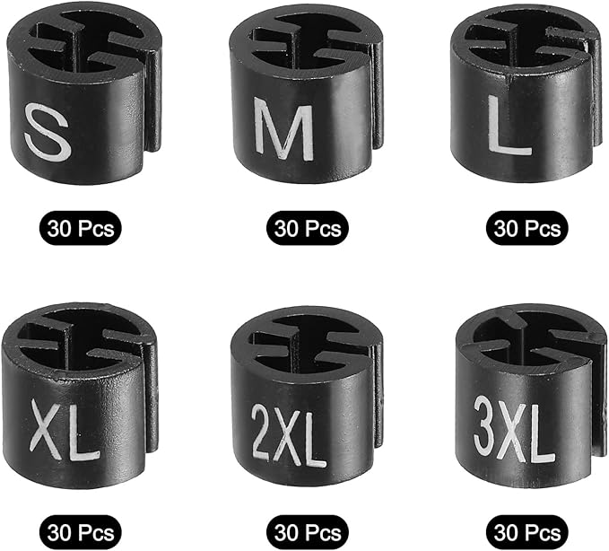 PATIKIL Clothes Hanger Marker S/M/L/XL/2XL/3XL Size Fit Hanger Rod for Garment Color Coding Black, Pack of 180