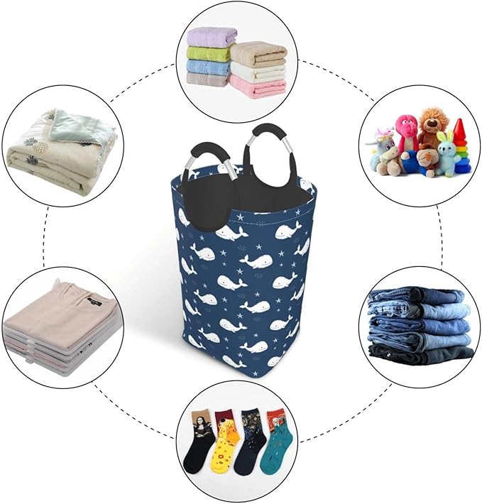 Blue Whale Laundry Basket Navy Blue Foldable Laundry Hamper Ocean Animal Collapsible Laundry Baskets with Handles Clothes Hamper Laundry Tote Bag for Dorm Family Storage Bin 50L