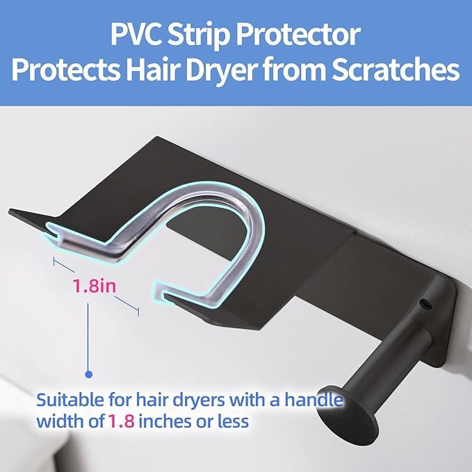 Hair Dryer Holder, Dyson Hair Dryer Holder, Blow Dryer Holder with Cord Hook SUS304 Stainless Steel Wall Mount, Self Adhesive/Screw Space Saving Hairdryer Holder for Bathroom Black