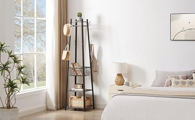 VECELO Industrial Coat Rack,Enterway Clothes Stand with 2 Tier Storage Shelves and Metal Basket,Upgrade Hall Trees with 8 Dual Hooks,Antique Brown