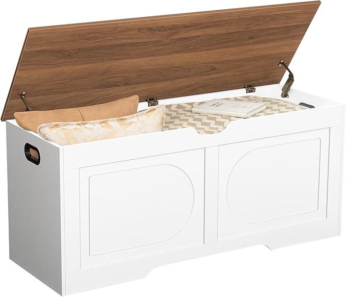 Storage Chest, 43.3” Toy Box, Entryway Storage Trunk, Shoe Bench with Storage, Engineered Wood Storage Cabinet with 2 Safety Hinges, Entrance Bench for Living Room, White + Walnut SCBZ2101