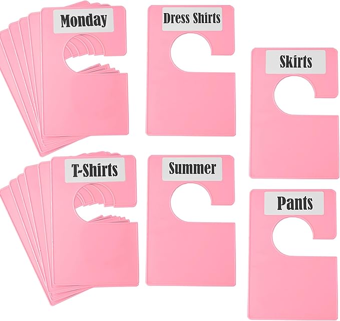 16 Pack White Clothing Rack Size Dividers Plus 45 Labels (1 Inch) and 18 Large Blank Labels, Large Rectangular Clothing Closet Dividers (Pink)