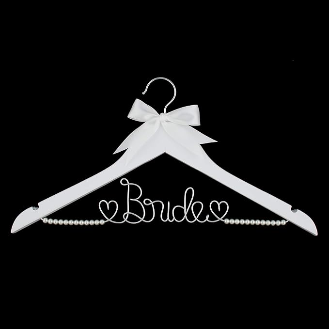 Bride to Be Wedding Dress Hanger Wooden and Wire Hangers for Brides Gowns, Dresses (White with Silver Wire and Strand Pearls)