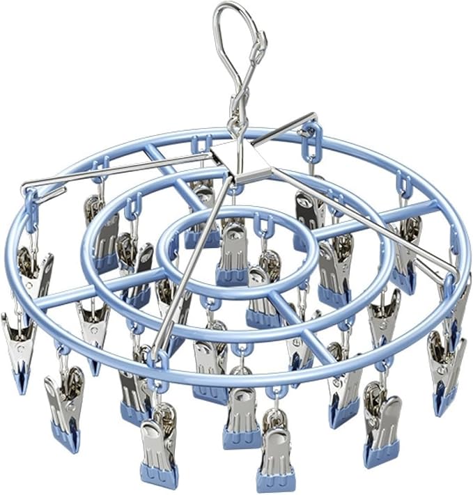 Drying Rack for Sock, Stainless Steel Sock Drying Rack with 24 Clips, Swivel Hook Windproof Hanger for Sock, Bras, Towel, Underwear, Laundry, Hat, Scarf, Pants, Gloves (Blue)