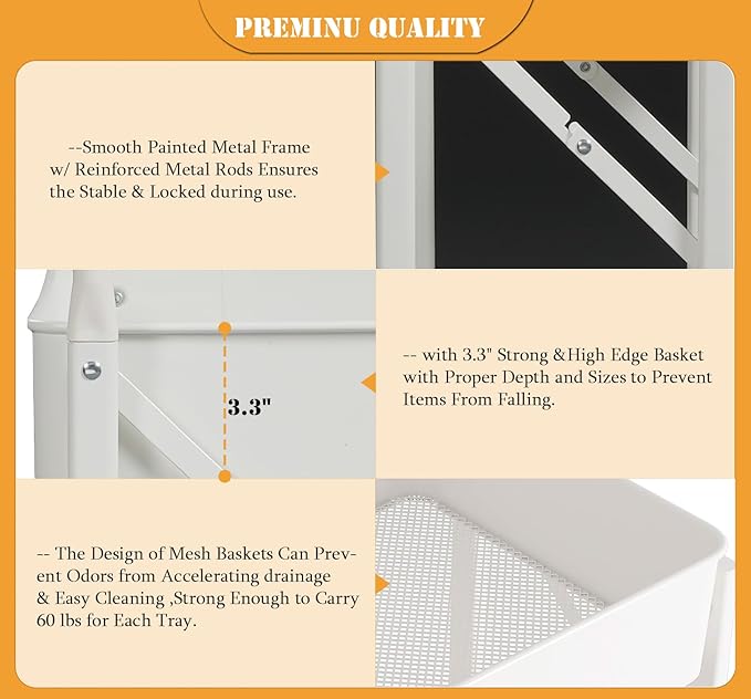 Foldable Storage Cart 3 Tier Rolling Cart with Wheels No Assemble Required Metal Utility Kitchen Cart Heavy Duty Folding Storage and Organizer for Classroom, Bedroom(White)