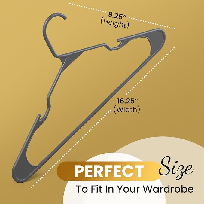50 Pack Adult Plastic Hanger for Shirt Pants Coats Dresses Skirts Suits Jackets - Standard Thick Coat Hanger - Sturdy & Durable Design with Shoulder Grooves Hook - Grey
