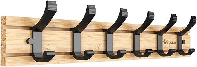 Coat Hanger Clothes Rack 6 Active Hooks Heavy Duty Clothes Hat Holder Bamboo