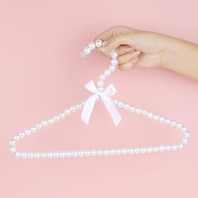 5-Pack Kids Pearl Hangers - Small Non-Slip Pearl Beaded Bow Clothes Racks - Elegant Garment Organizer for Pet Apparel (30cm, White)