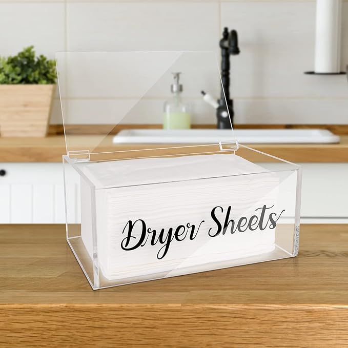 Acrylic Dryer Sheet Dispenser with Hinged Lid Clear Laundry Dryer Sheet Holder Dryer Sheet Container for Home Laundry Room Organization and Storage Laundry Softener Dispenser Laundry Room Decorations