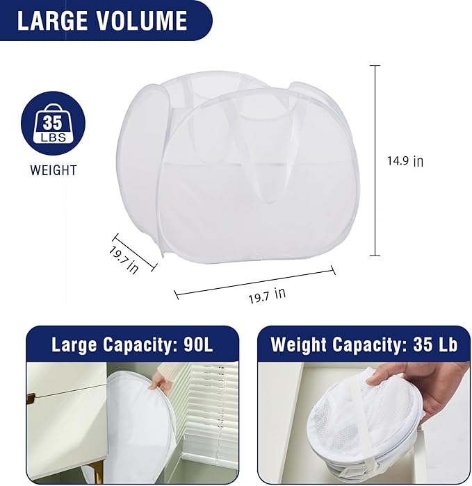 TECHMILLY Collapsible Mesh Pop Up Laundry Hamper with Strong Handles, Large Opening Clothes Hamper with Side Pockets, Storage Baskets for Dorm, Laundry Room, Bathroom or Travel (White, 90L)