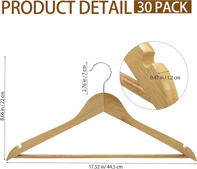 30 Pack Wooden Hangers, Solid Wood Coat Hanger with 360 Swivel Hook, Smooth Finish 17.5 Inch Clothes Hanger with Shoulder Groove for Shirts, Pants, Suits, Jackets, Dresses, Sweaters, Natural