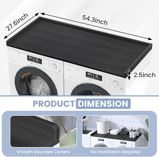 Sundale HDPE Washer Dryer Countertop, No-Installation Laundry Topper for Washer and Dryer, Waterproof Odorless Countertop for Laundry Room Storage, 27.5" x 54" (Black)