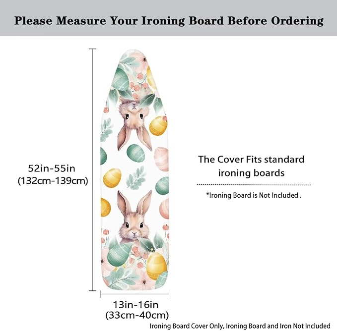 Easter Eggs and Bunny Ironing Board Covers with Padding Standard Size Iron Covers with Elastic Edge Hook Loop Fasteners Scorch and Stain Resistant Ironing Covers