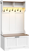 HOOBRO Hall Tree with Bench, 15.7''W Entryway Bench with Coat Rack, Shoe Cabinet with Flip Drawer, LED Hall Tree with 9 Hooks and 2 Open Compartments, Wooden, for Hallway, White and Walnut WH86DMT01