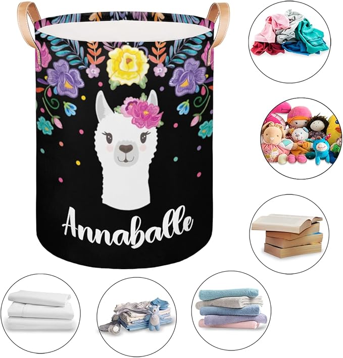 Personalized Laundry Basket, Custom Gift Laundry Hamper, Collapsible Nursery Waterproof Laundry Baskets, Dirty Clothes Toy Hamper with Handles Llama Colorful Floral