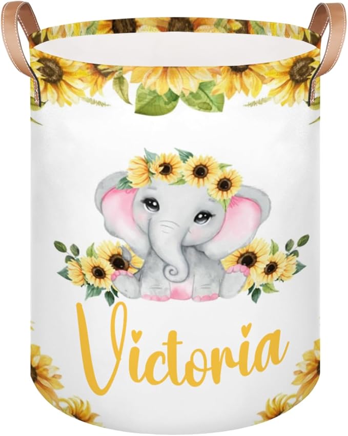 Personalized Laundry Basket, Custom Gift Laundry Hamper, Collapsible Nursery Waterproof Laundry Baskets, Dirty Clothes Toy Hamper with Handles Elephant Sunflower