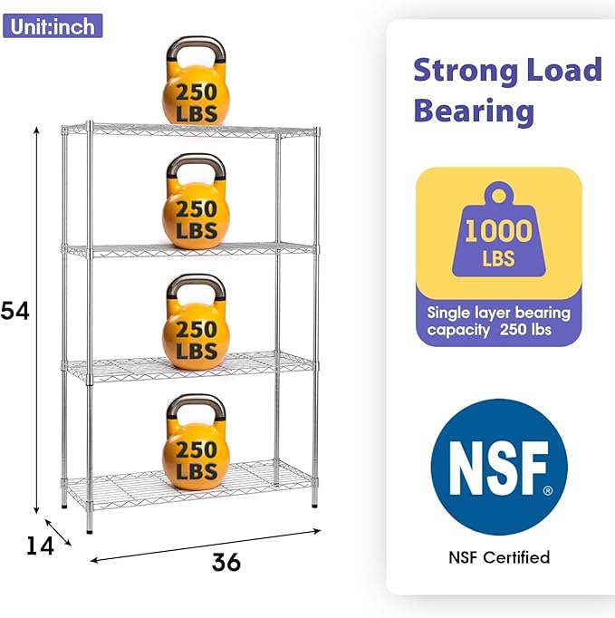 YRLLENSDAN Heavy Duty 4-Tier Wire Shelving Unit – NSF Certified Adjustable Metal Storage Rack for Kitchen, Garage, Pantry – 1000 lbs Capacity – 36" W x 14" D x 54" H