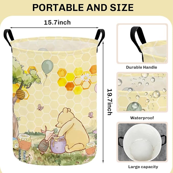 Greatingreat Winnie Foldable Laundry Hamper, Circular Canvas Storage Basket with PE Coating, Collapsible Clothes Organizer for Home, Nursery, and Bedroom (Yellow)