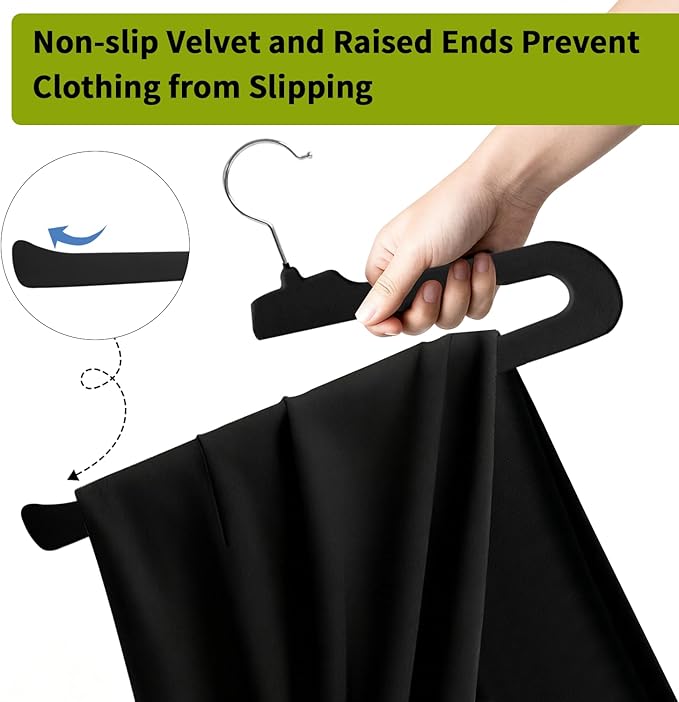 ManGotree Non Slip Velvet Pants Hangers, Open Ended Felt Jean Hangers for Closet Organizer, Heavy Duty Space Saving for Trousers, Slacks, Shorts, Dress, Scarf (10 Pack, Black)