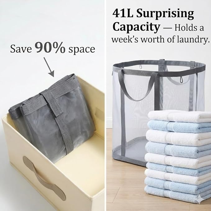 [2-Pack] Wall-Mounted Foldable Laundry Basket, 41L Collapsible Mesh Hamper (Each) with Reinforced Handles, Hanging Storage Bag for Bathroom, Dorm, Travel & Sports, Space-Saving Grey