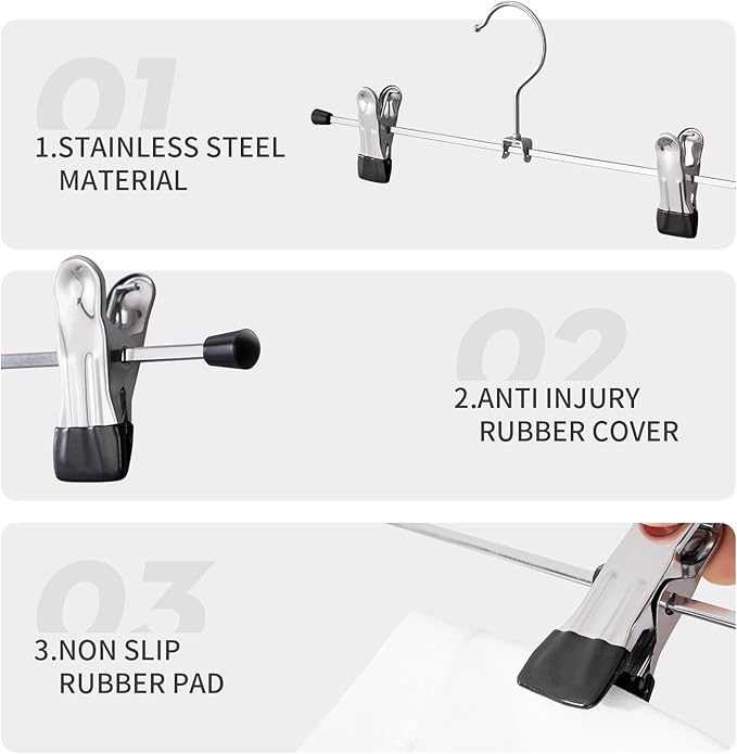 50 Pack Pants Hangers with Clips Skirt Hangers for Women Shorts hangers Heavy Duty Metal Clothes Hanger for Closet Space Saving Non Slip Trousers Hanger Jeans Hanger for Men,Black,12 Inch