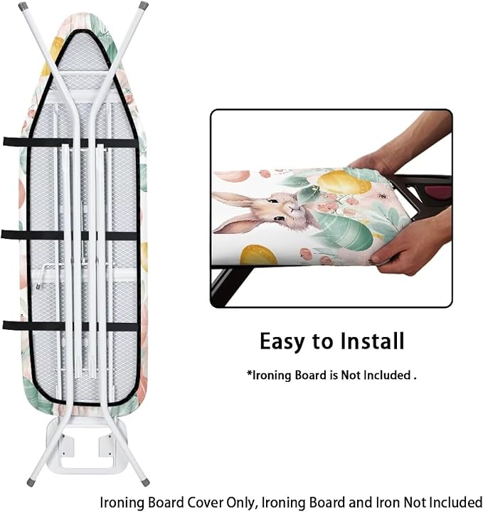 Easter Eggs and Bunny Ironing Board Covers with Padding Standard Size Iron Covers with Elastic Edge Hook Loop Fasteners Scorch and Stain Resistant Ironing Covers