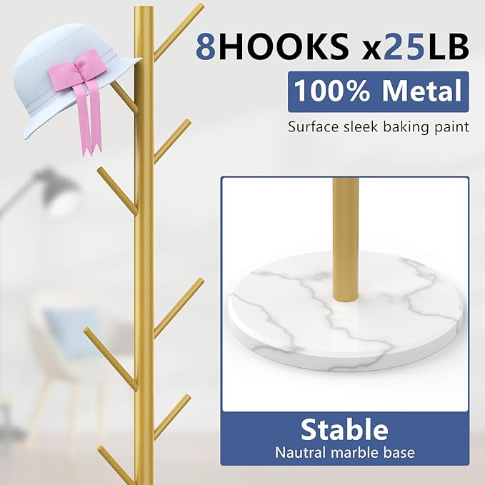 Heavy Duty Coat Rack with Natural Marble Base, Freestanding Metal Coat Stand with 8 Hooks, Modern Stable Coat Hanger Tree for Bags, Jacket, Clothes, and Hats, Gold Metal