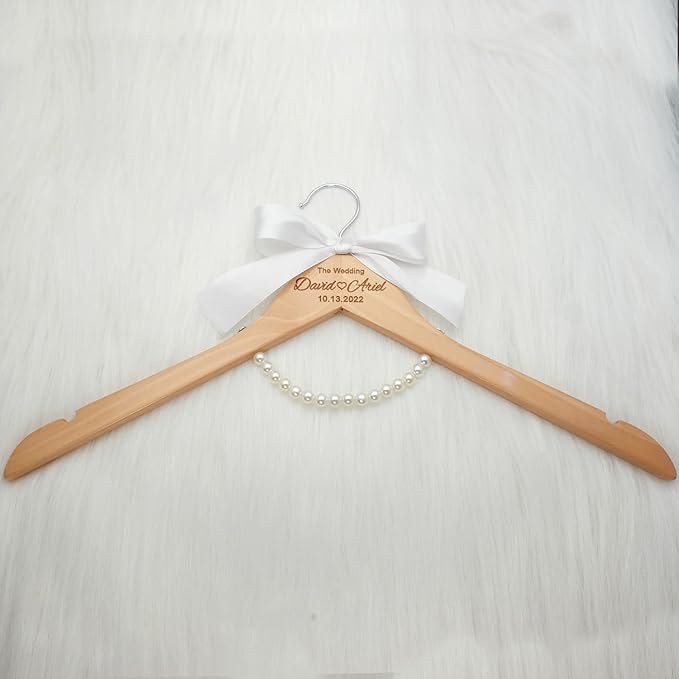 Ter Wedding Dress Hanger - Sparkly Wedding Dress Hanger for Bride Personalized - Personalized Bride Name Silver Wire - with or Without Wedding Date, Bride Bridesmaid Gift (White Ribbon Pearl)