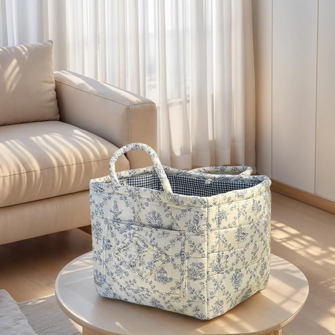 Quilted Fabric Basket Car Storage Basket Boho Floral Laundry Hamper for Nursery Bedroom & Living Room | Organize Clothes Toys