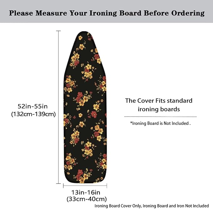 Floral Ironing Board Cover Elastic Edge, Black Heavy Duty Iron Pad Covers Standard Boards Lightweight Full Size Scorch Resistant Padding