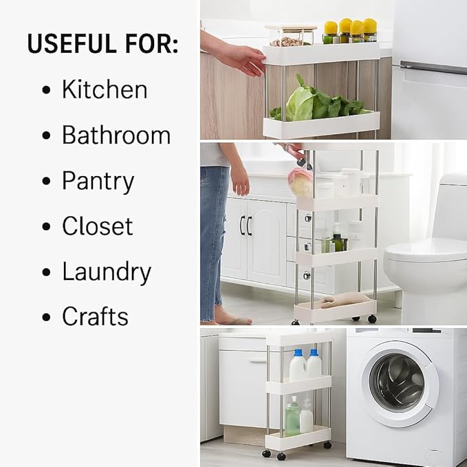Modern Home 4-Tier Rolling Storage Cart with Bins – Slim Organizer for Bathroom, Kitchen, Laundry & Pantry – Mobile Utility Shelves with Wheels