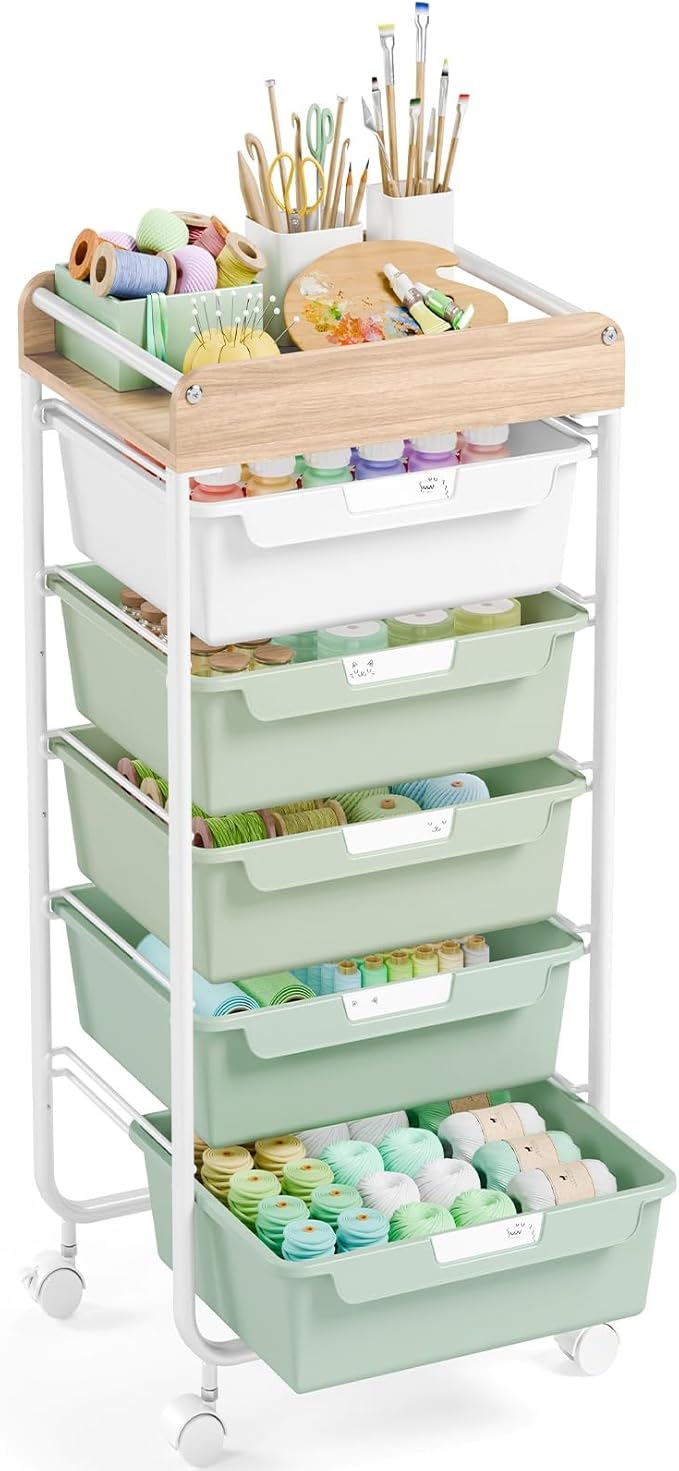 APEXCHASER Plastic Drawer Organizers with 5 Deep Drawers, Rolling Utility Cart with Wooden Top,Craft Storage Cart for Paperwork,Crafts,Snack,Kids’ Room,Nursery,Green