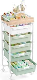 APEXCHASER Plastic Drawer Organizers with 5 Deep Drawers, Rolling Utility Cart with Wooden Top,Craft Storage Cart for Paperwork,Crafts,Snack,Kids’ Room,Nursery,Green
