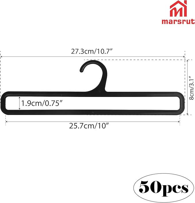 50 Packs Tea Towel Display Hanger, 10.7" Long Multifunctional Plastic Hangers Storage Racks for Hanging Storing Legging Sock Scarf Clothes Ties Belts Scarves Retail Wardrobe Shawls Rings-Black