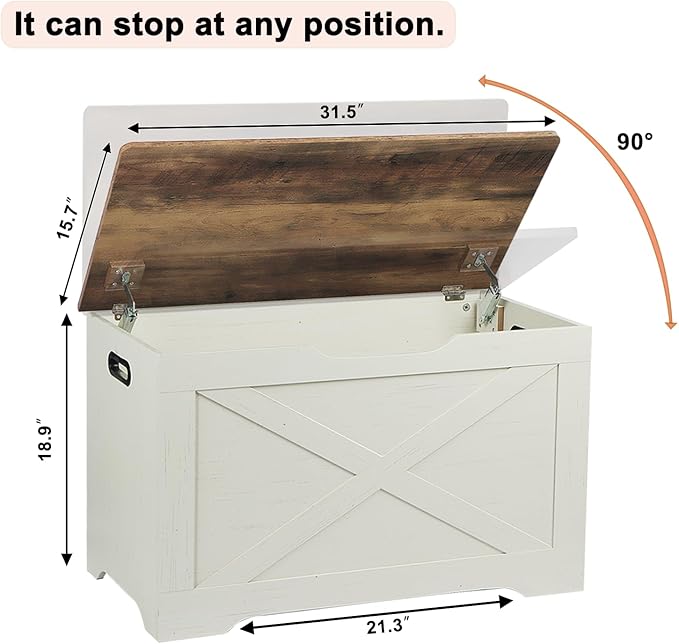 Storage Chest, Wooden Storage Bench, Entryway Shoes Bench with 2 Safety Hinges, for Living Room, Bedroom, 15.7 x 31.5 x 18.9 Inches, Brown and Rustic White