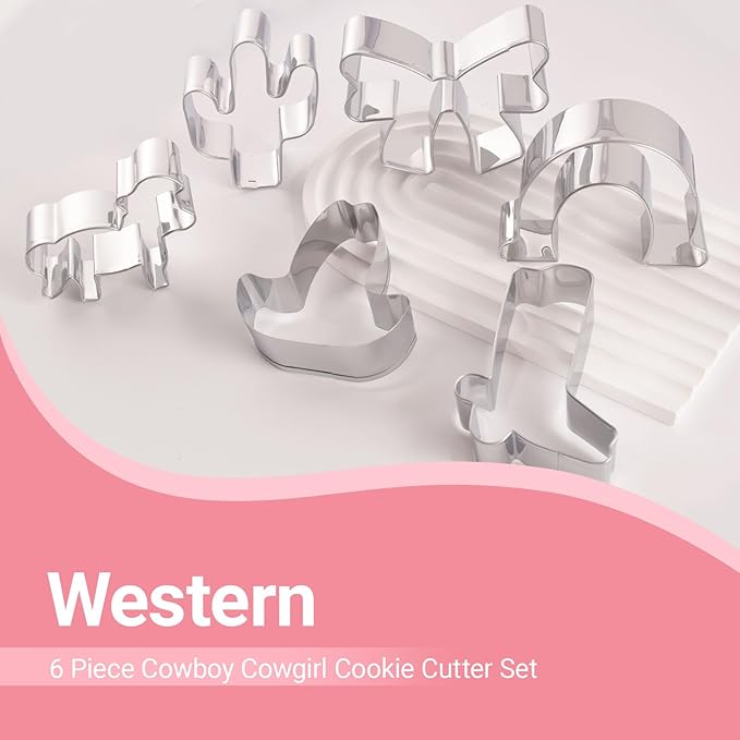 6 Piece Cowboy Cowgirl Cookie Cutter Set, Western Boot Cookie Cutter Bow, Cowboy Hat, Cactus, Horse Hooves Shaped Stainless Steel Metal Molds Perfect for Western Cowgirl Party