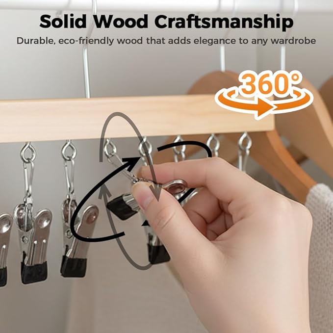 Legging Organizer for Closet, 2026 New Pants Hangers with 10 Clips, Space-Saving Clothes and Hat Storage Hook, Hanging Closet Organizer Hanger Clips for Skirts, Shorts, Trousers, Socks (Wood)