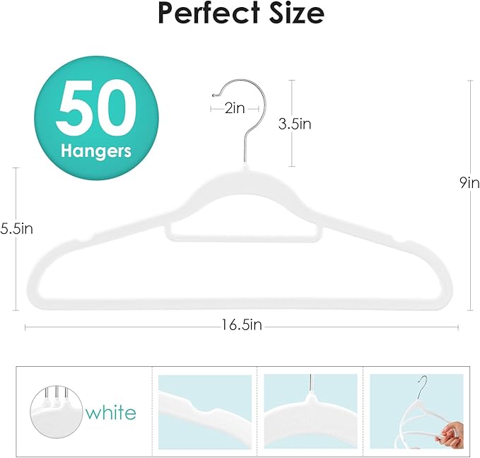 Velvet Hangers Non Slip Felt Hangers, 50 Pack White Velvet Clothes Hangers Space Saving Slim with 360 Degree Swivel Hook for Suits Coats, Jackets, Pants, and Dress Clothes