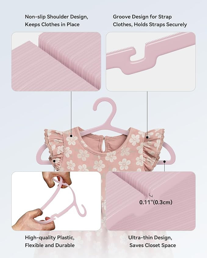 Plastic Kids Hangers, Pack of 60, Ultra Slim Closet Hangers, Non-Slip, Space-Saving, Sturdy, 14" W x 7" H (for Children Aged 7-12 Years),Light Pink, UAPY0760P