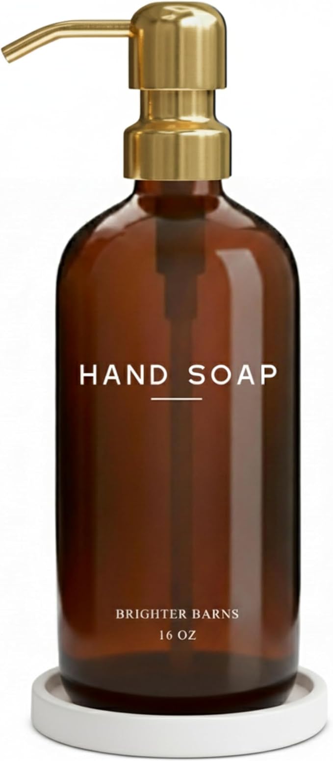 Luxury Glass Hand Soap Dispenser Bathroom Set by Brighter Barns - Refillable Liquid Hand Soap Dispenser Set for Kitchen - Gold Bathroom Decor and Accessories for Airbnb, Spa, Hotel, Gifts (Amber/Gold)