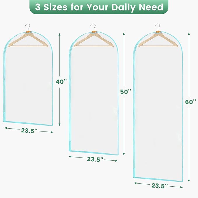 6 Pack Garment Bags for Hanging Clothes - Translucent Suit Bag for Closet Storage, Clothes Cover for Hanging Shirts, Dresses, Travel, Moving - Green